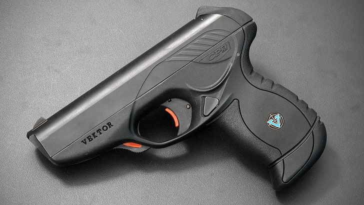 black Vektor pistol, gun, Vektor CP1, indoors, technology, still life