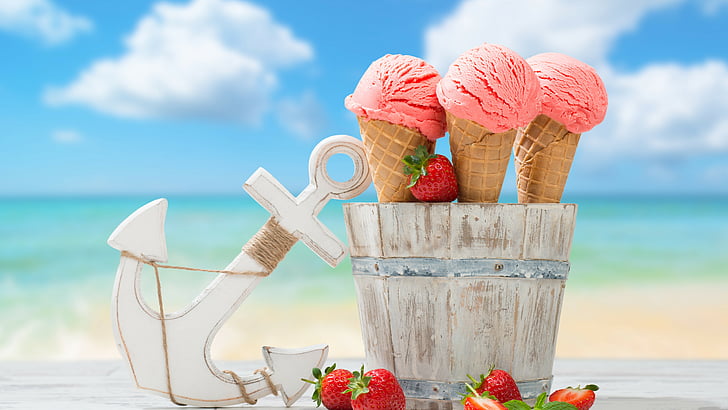 several ice cream with cones, strawberry, anchor, delicious, 8k