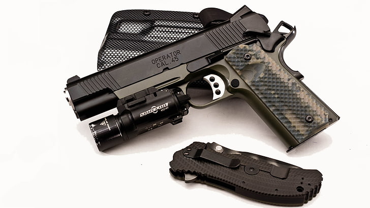 black pistol with laser pointer, Gun, knife, USA, holster, M1911