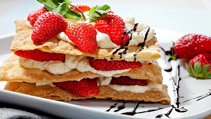 Food, dessert, snack, strawberry, pancake, cream, HD wallpaper