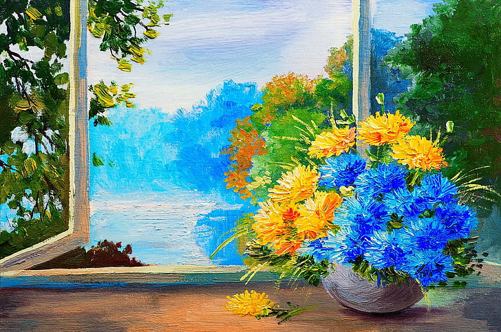 blue and yellow flowers in vase near window painting, trees, landscape