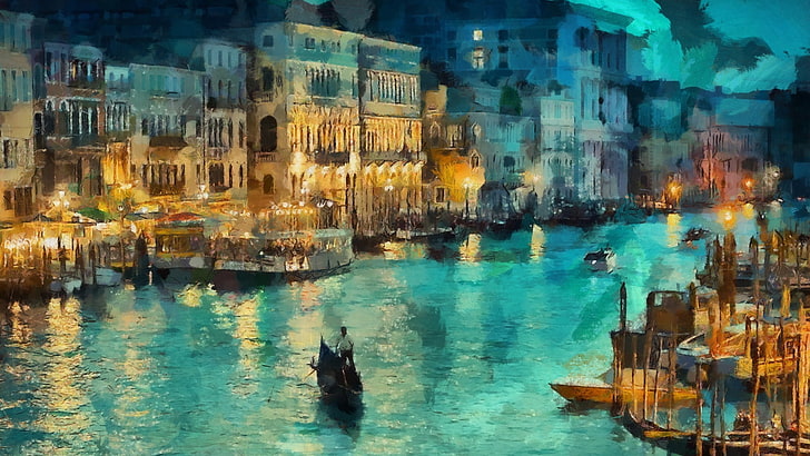 Grand Canal, Venice painting, Italy, gondolas, water, nautical vessel, HD wallpaper