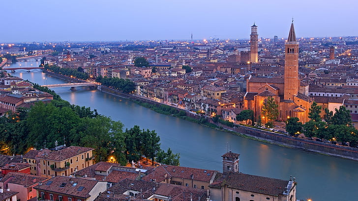 Verona, Italy, Adige river, city houses, bridges