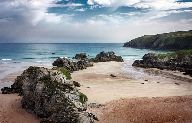 seashore landscape, Beach, Bay, Durness, Scotland, rocks, sand, HD wallpaper