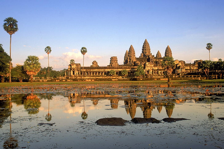 brown temple, asia, structure, water, architecture, trees, angkor