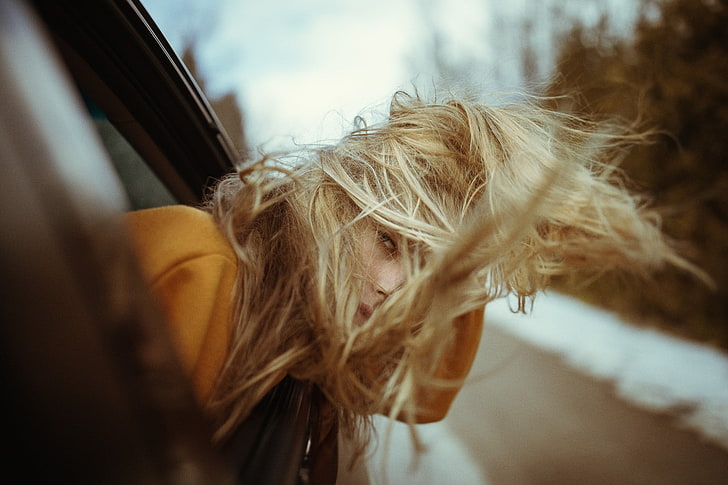 women, model, blonde, windy, hair in face, window, looking out window