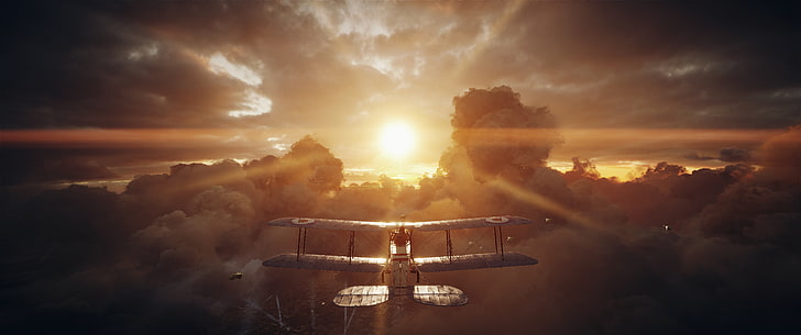 Battlefield 1, video games, biplane, sky, cloud - sky, sunset