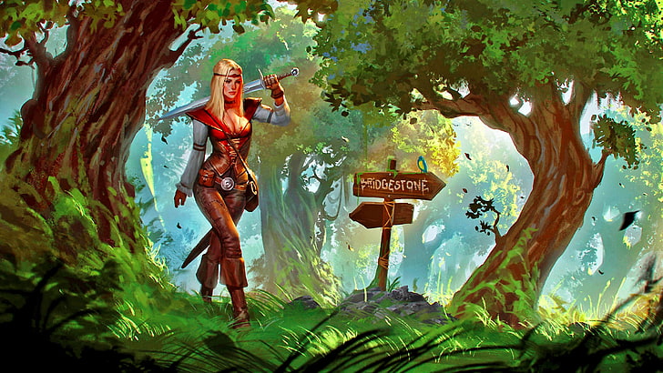 female game character wallpaper, fantasy art, forest, tree, plant