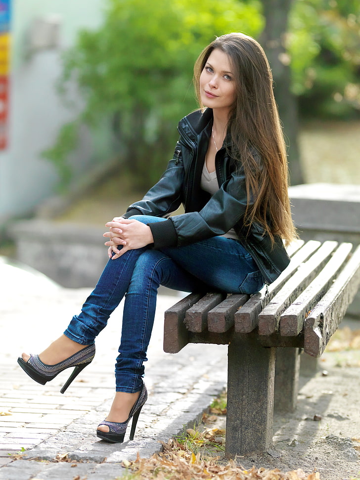 women's black leather jacket, brunette, pants, heels, legs, Amelie B, HD wallpaper