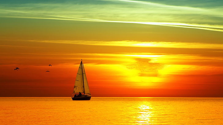 horizon, sky, afterglow, calm, sunset, sea, sailboat, water, HD wallpaper
