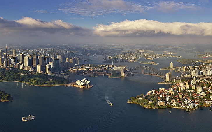 Sydney Opera House, city, cityscape, bridge, harbor, architecture, HD wallpaper