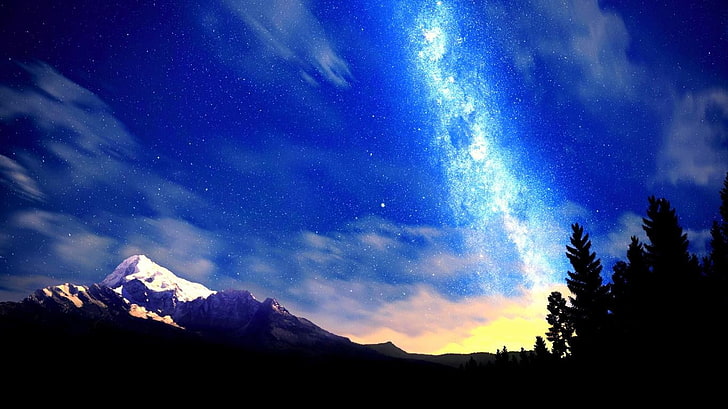 snow-capped mountain during blue hour wallpaper, universe, sky
