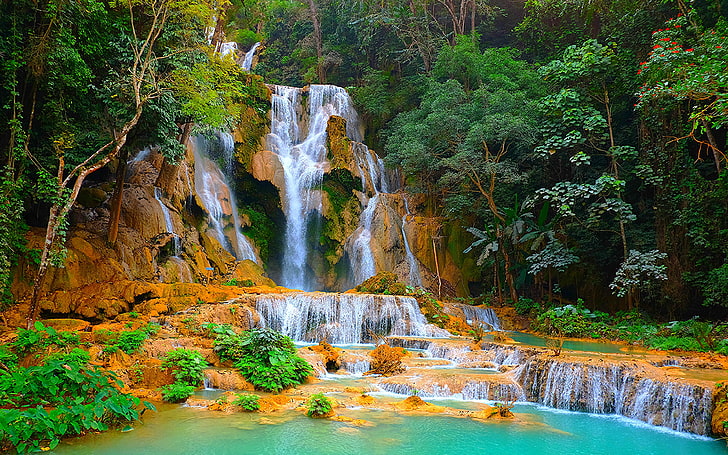 Kuang Si Falls Or Tat Kuang Si Waterfalls In Laos Crag Ultra Hd Wallpapers For Mobile Laptop And Tablet 3840×2400, HD wallpaper