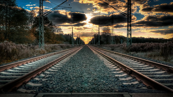 railway, sunset, Germany, HD wallpaper