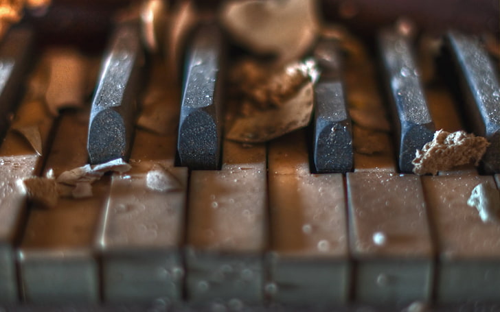 brown and gray piano keys, macro photography of piano keys, music, HD wallpaper