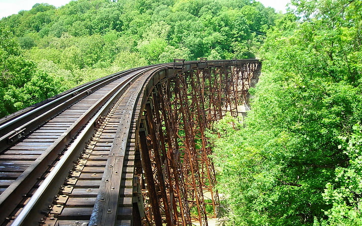 black and brown metal frame, bridge, railway, landscape, abandoned