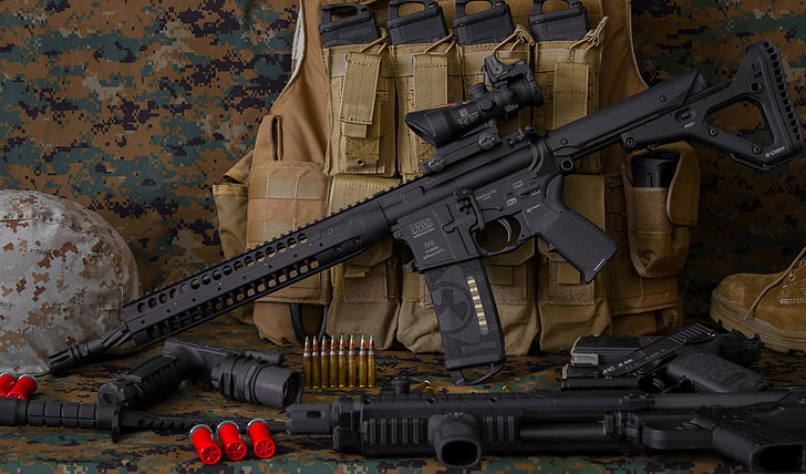 two black assault rifle with scope, AR-15, LWRC AR-15, magpul