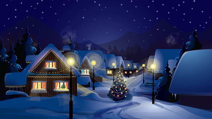 brown wooden house lot illustration, Christmas, village, Christmas Tree