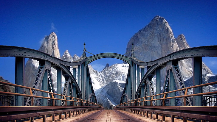 high mountain, peak, monte fitz roy, bridge, landmark, sky, HD wallpaper