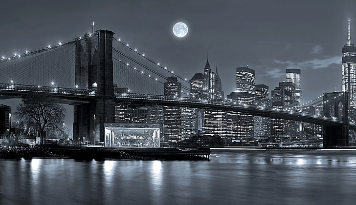 Brooklyn Bridge, New York, the sky, night, lights, river, the moon, HD wallpaper