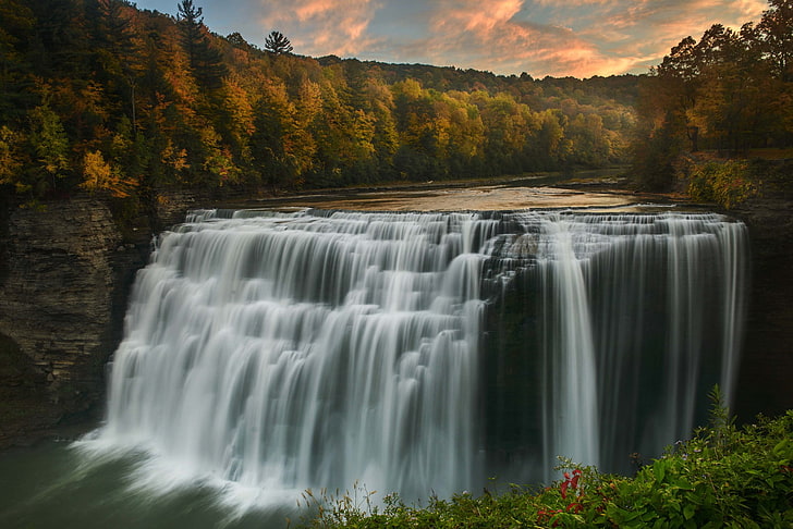 waterfalls, trees, landscape, nature, Letchworth, New York state