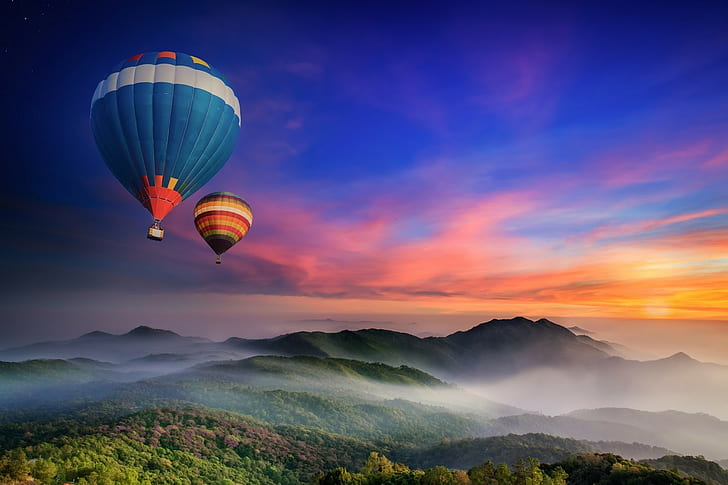 landscape, nature, hot air balloons, clouds, mountains, sunset, HD wallpaper