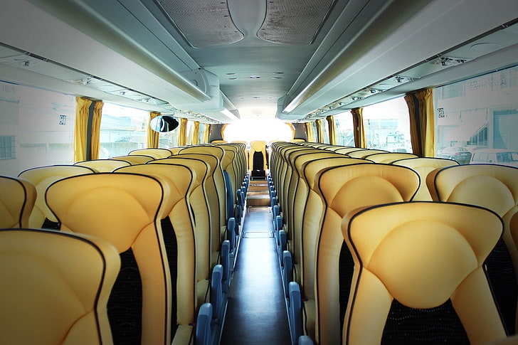 Inside the bus, Seats, Yellow, Travel, Transport, vehicle interior, HD wallpaper