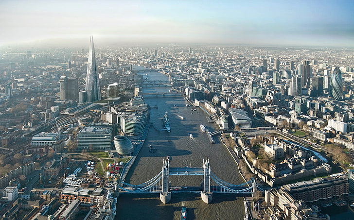gray and beige bridge, london, height, buildings, sky, skyscrapers, HD wallpaper