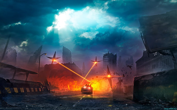 untitled, apocalyptic, futuristic, lasers, road, car, burning