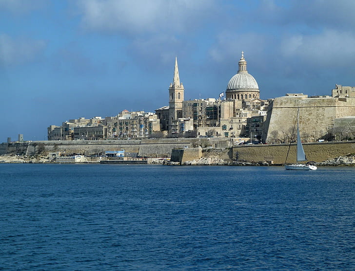 Valletta, Malta, dresden frauenkirche, sky, house, dome, sea, HD wallpaper