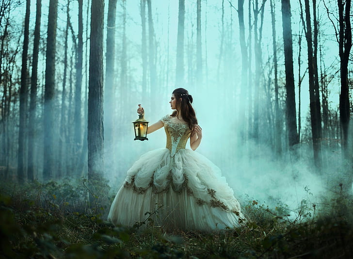 forest, girl, the situation, dress, lantern, Bella Kotak, HD wallpaper