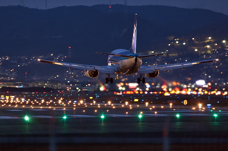 HD wallpaper: gray plane, airplane, airport, landing, aircraft, lights,  city lights | Wallpaper Flare