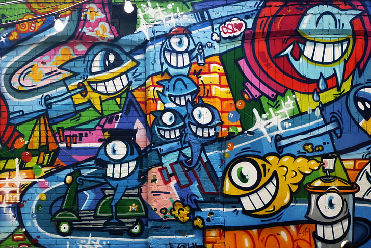 multicolored wall graffiti, art, bright, multi Colored, urban Scene