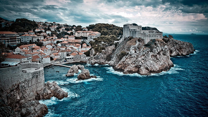 dubrovnik, croatia, sea, sky, cliff, coast, bay, cityscape, HD wallpaper