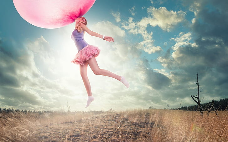 Oversized chewing gum bubble, girl flying, grass, creative pictures, HD wallpaper