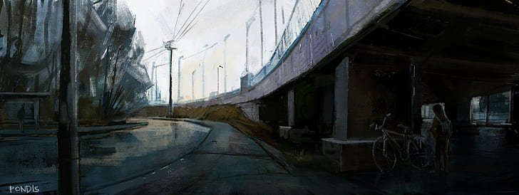 overpass, street, painting, grunge, HD wallpaper