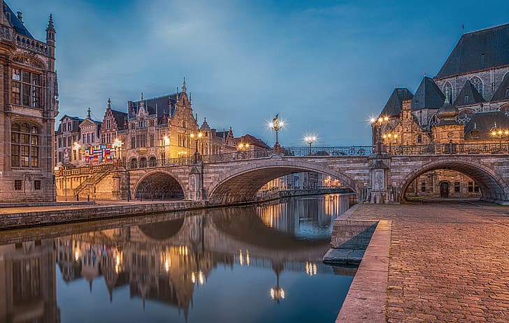bridge, the city, river, building, lights, Belgium, Ghent, turret