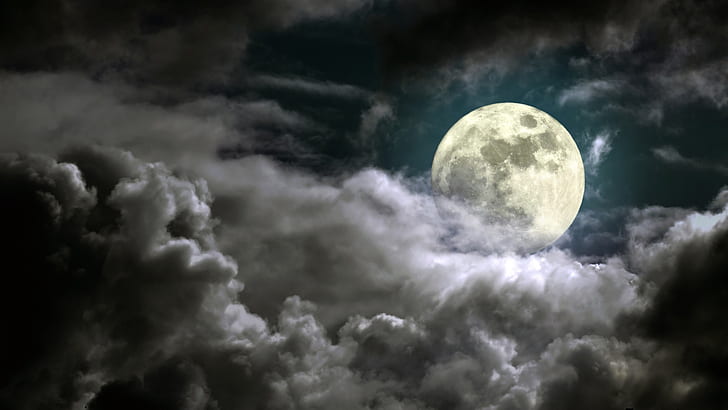 Nature, Full Moon, Dark, Moonlight, Sky, Clouds