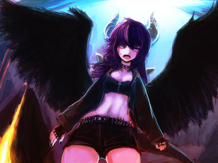 angle, demon, anime girls, horns, wings, open mouth, HD wallpaper