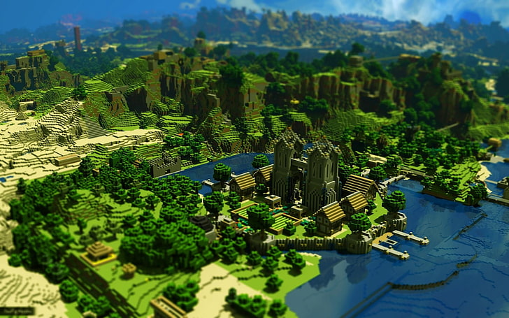 game application screenshot, minecraft, trees, houses, mountains, HD wallpaper