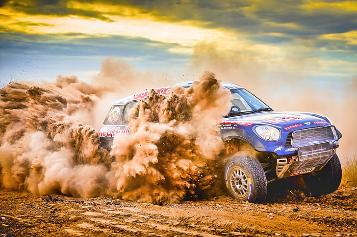 Rally, racing, car, vehicle, sand, Mini Cooper