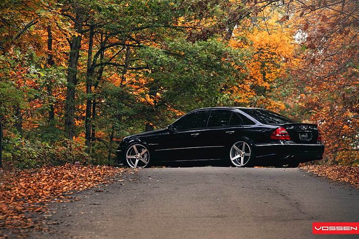 black sedan, Mercedes Benz, AMG, Vossen, W211, E class, autumn, HD wallpaper