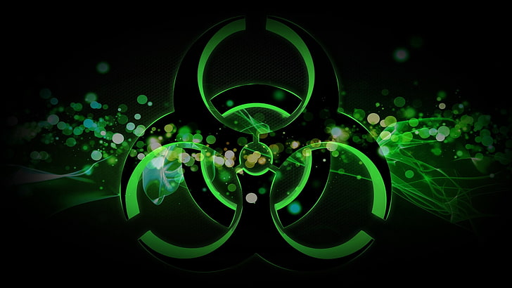green and black biohazard logo, radiation, sign, spot, abstract, HD wallpaper