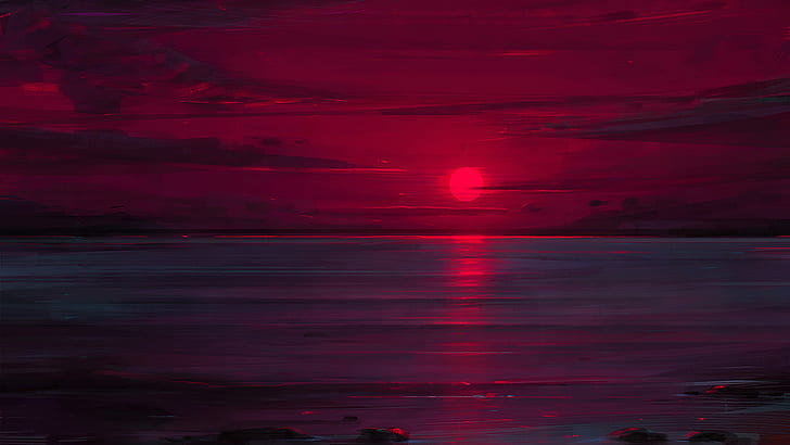 artwork, landscape, sunset, sea, painting, HD wallpaper