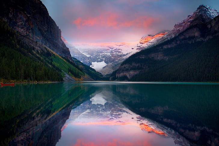 mountains, sunset, lake, sky, snow, peaks, HD wallpaper