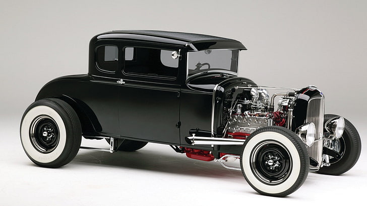 black classic car die-cast model, hotrod, black cars, vehicle