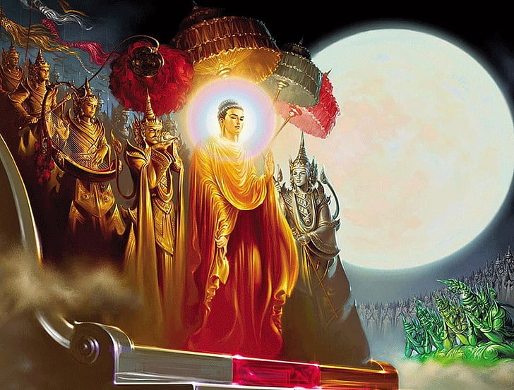 Buddha Festivals Art, deity under moon painting, God, Lord Buddha
