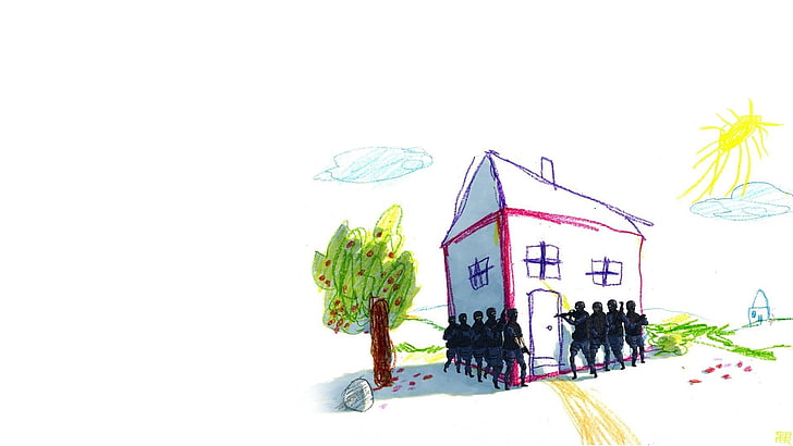 white and red house beside tree illustration, digital art, children, HD wallpaper