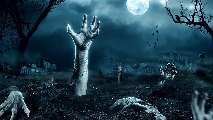 creepy, moonlight, night, sky, darkness, cemetery, zombie, tree, HD wallpaper