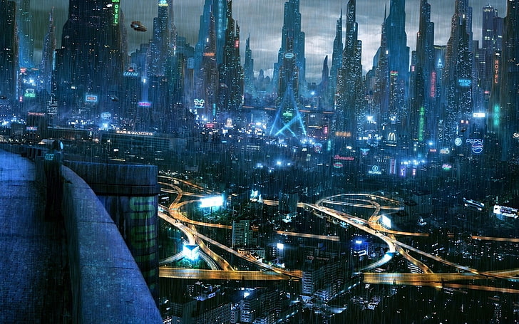 high-rise buildings, cyberpunk, cityscape, futuristic city, science fiction